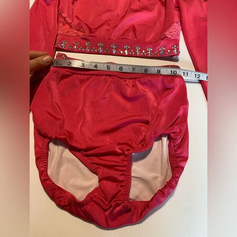 Kelle solo dance custom costume 2 piece hot pink rhinestoned crop top Teen